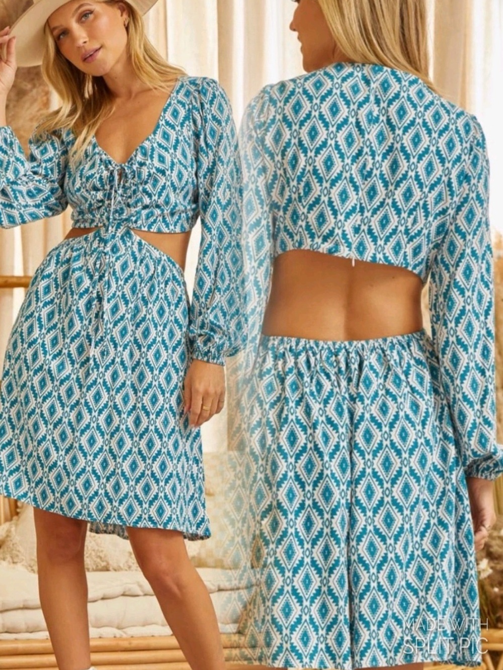 Savanna Jane Women’s Teal White Aztec Printed Sides/ Back Out Dress Sz Large NWT